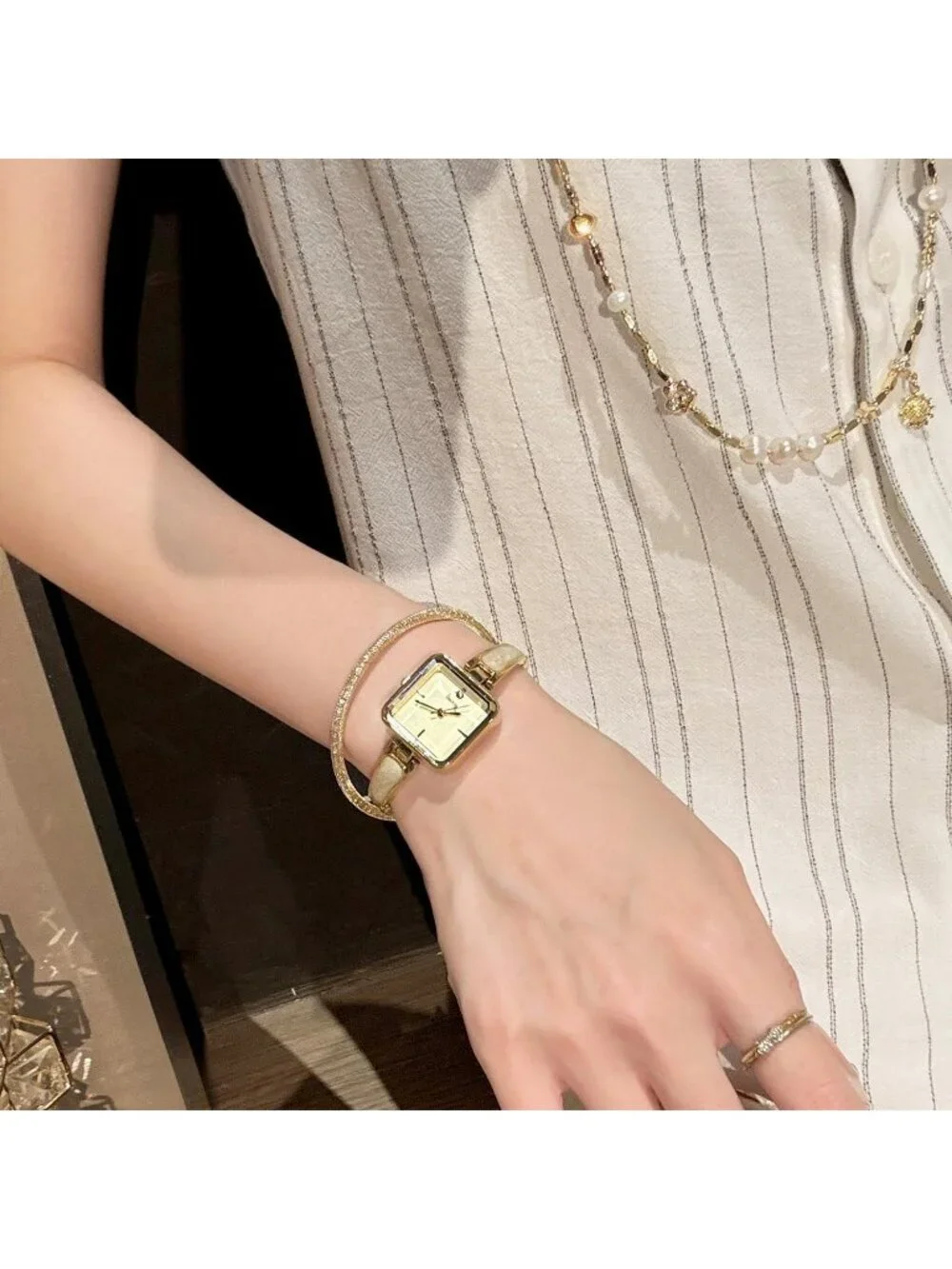Women's Gold Small Minimalist Square Bracelet Classic Elegant Quartz Wrist Watch